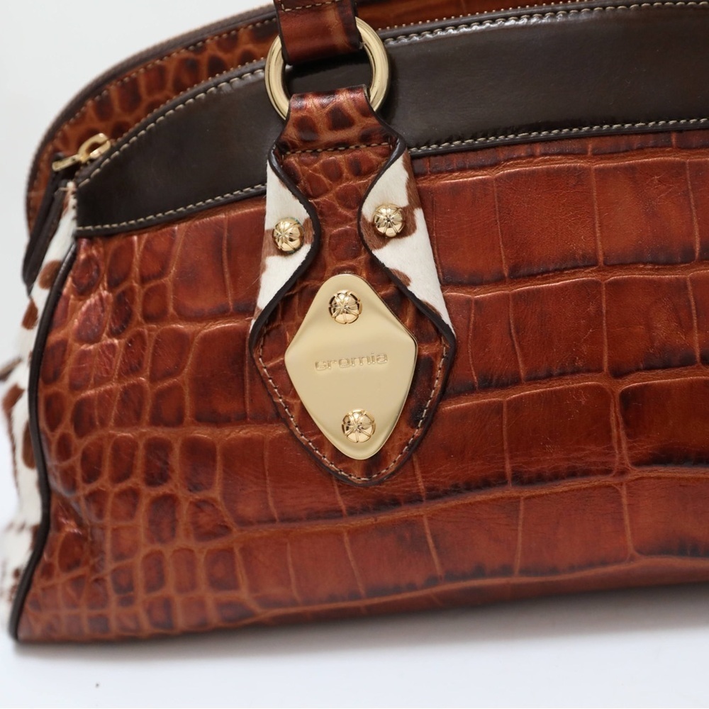 Cromia genuine leather bag crocodile brown tote Y2K 2000s trendy cowhide gold - Picture 6 of 13